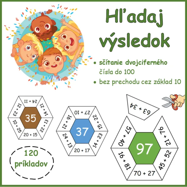 HĽADAJ VÝSLEDOK + dvojciferných čísel do 100, bez prechodu 1