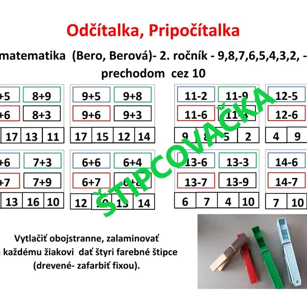 Štipcovačka - Pripočítalka, Odčítalka (sčítanie a odčítanie)  - s prechodom  cez 10 do 20 1