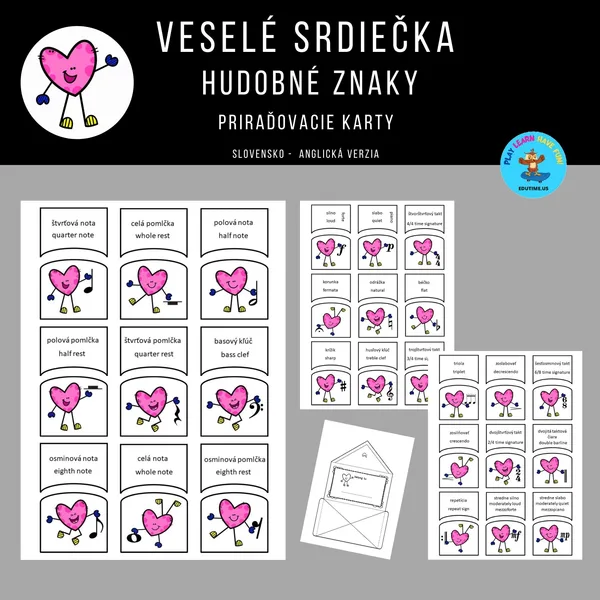 Veselé srdiečka- hudobné znaky - priraďovacie kartičky 1