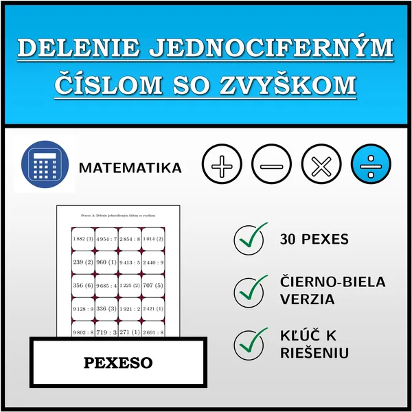 Pexeso - Delenie jednociferným číslom so zvyškom | matematika 1