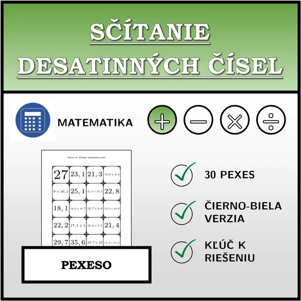 Pexeso - Sčítanie desatinných čísel | matematika 1