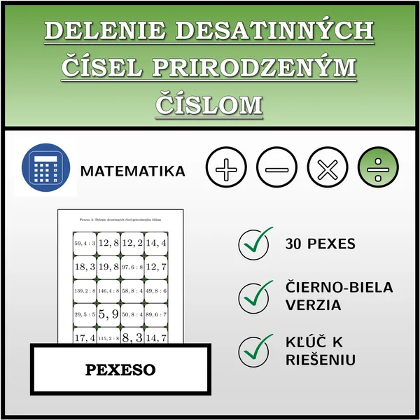 Pexeso - Delenie desatinných čísel prirodzeným číslom | matematika 1