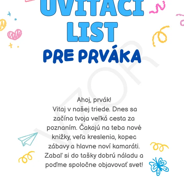 Srdečný uvítací list pre prváka a prváčku 1