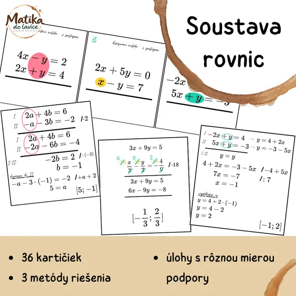 Sústavy rovníc – 36 kartičiek | 3 metódy riešenia 1