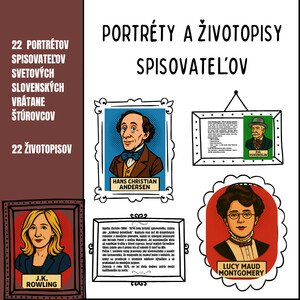Portréty spisovateľov a ich životopisy/ portréty, životopisy, nástenka, výzdoba, knižnica, chodba