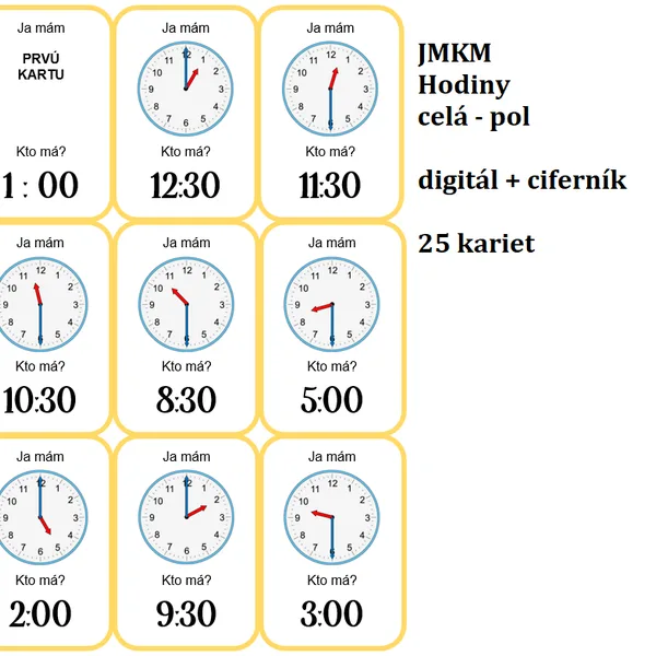 Ja mám, kto má? - Hodiny - CELÁ a POL - súbor 4 variantov hier
