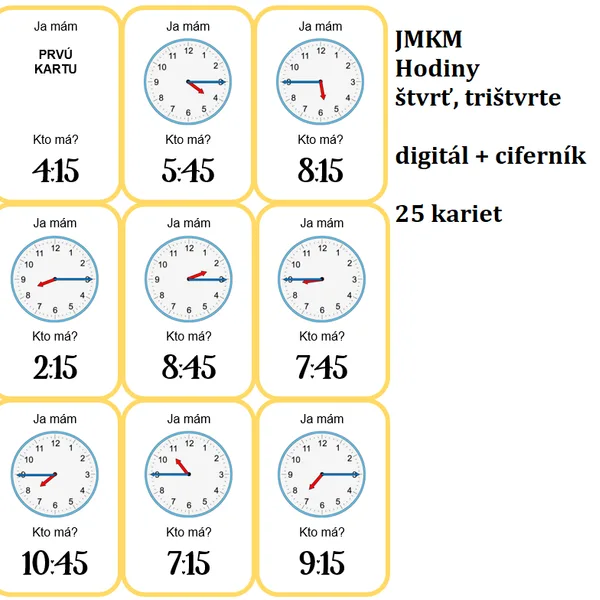 Ja mám, kto má? - Hodiny – ŠTVRŤ a TRIŠTVRTE - súbor 4 variantov hier