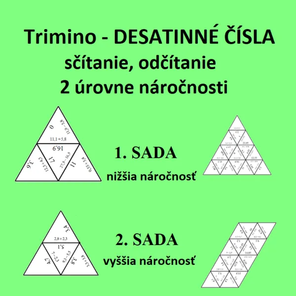Trimino - DESATINNÉ ČÍSLA - sčítanie, odčítanie - 2 úrovne náročnosti