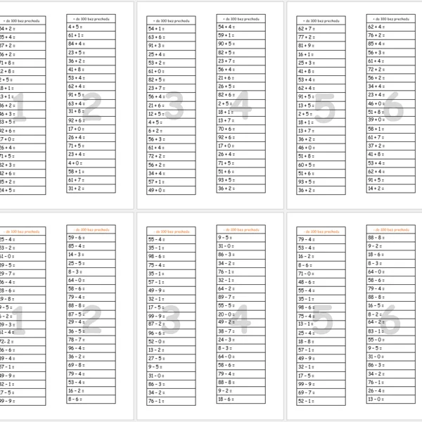 100-vé tabuľky a príklady na +/- jednociferných čísel v obore do 100 bez prechodu