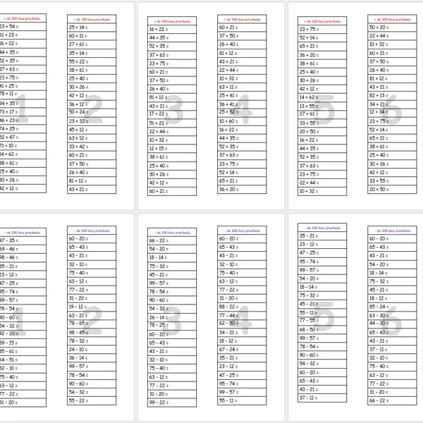 100-vé tabuľky a príklady na +/- dvojciferných čísel v obore do 100 bez prechodu