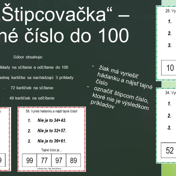 "Štipcovačka" - tajné číslo sčitovanie a odčitovanie do 100