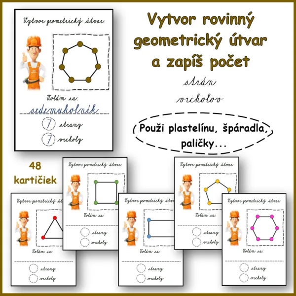 Vytvor rovinný geometrický útvar  a zapíš počet strán a vrcholov