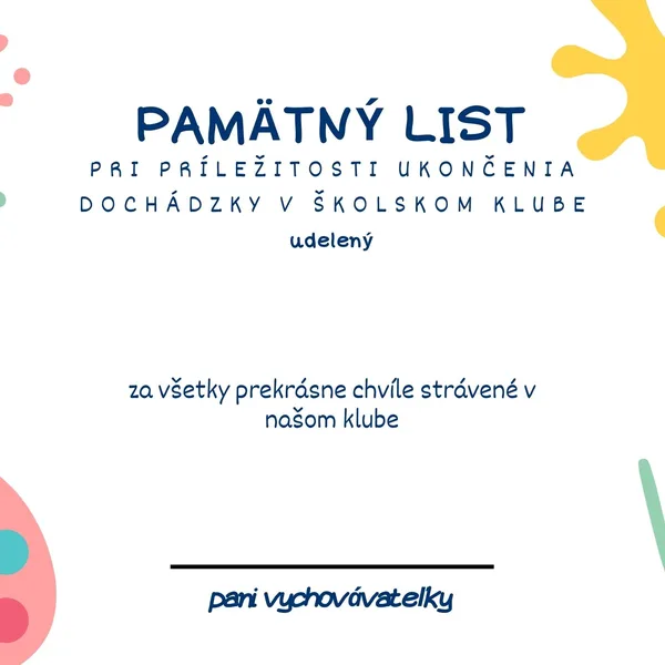Pamätný list pre ŠKD