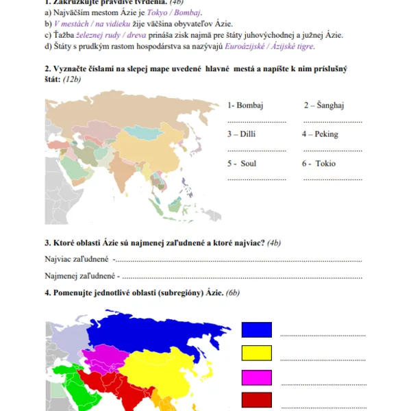 Písomka - HUMÁNNA GEOGRAFIA ÁZIE