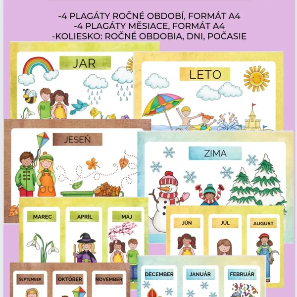 Plagáty: Ročné obdobia, mesiace, dni, počasie 