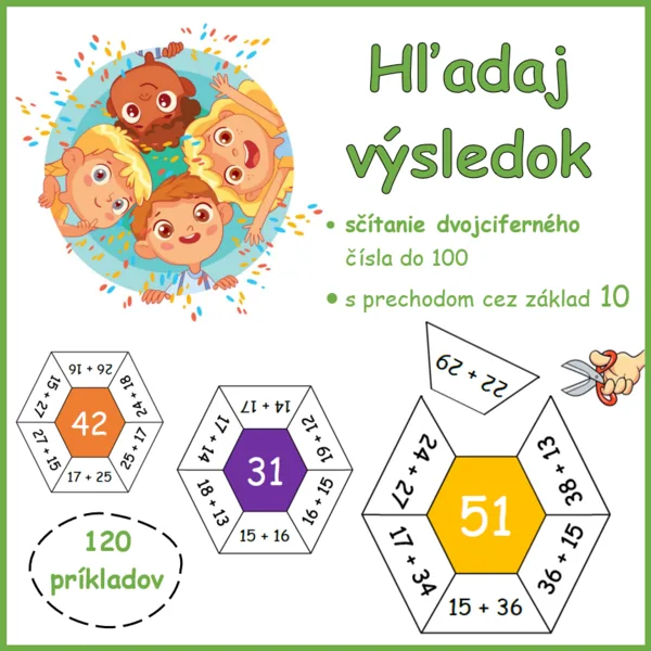 HĽADAJ VÝSLEDOK + dvojciferných čísel do 100, s prechodom