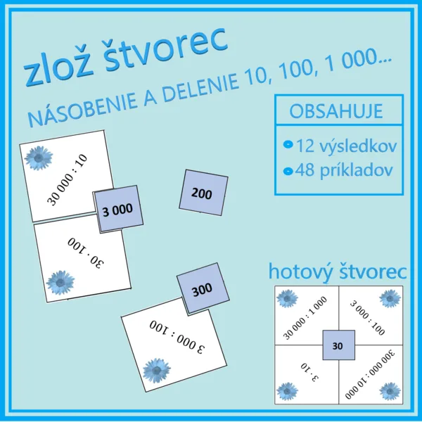 Zlož štvorec - násobenie a delenie 10, 100, 1 000… 