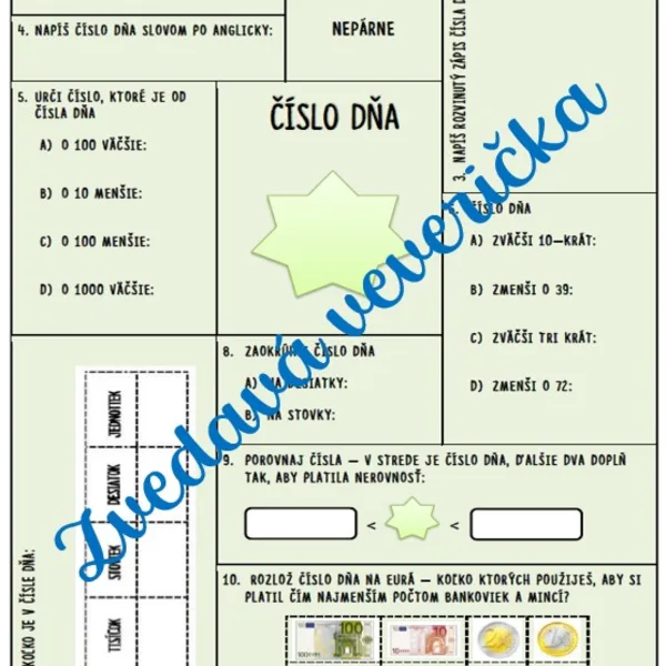 Číslo dňa - precvičenie počtových operácií s číslami do 1000