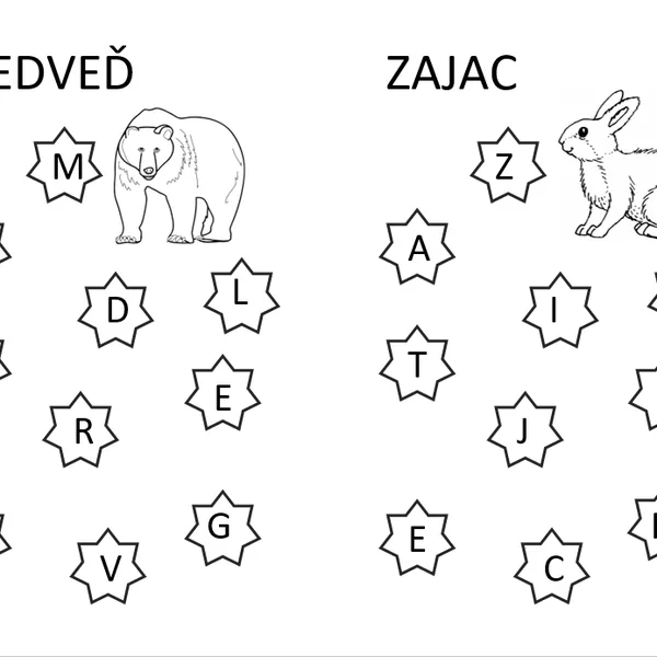 Hľadaj a vyfarbuj rovnaké písmená - ZVIERATÁ