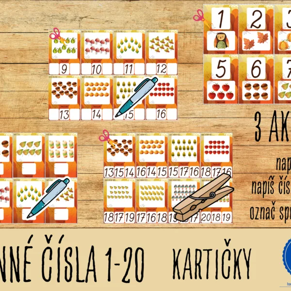 ČÍSLA 1-20 (jeseň) - kartičky (80 kartičiek)