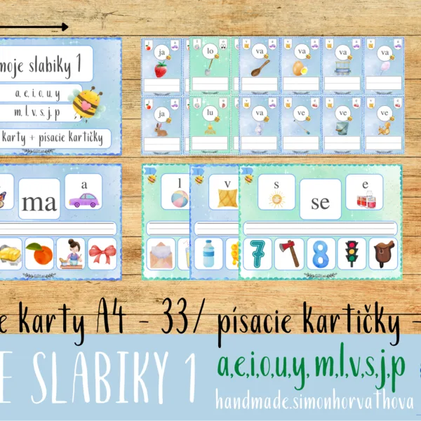 Moje Slabiky 1, písacie karty, a,e,i,o,u,y,m,l,v,s,j,p. Slabiky, čítanie, písanie, písmená, Kartičky