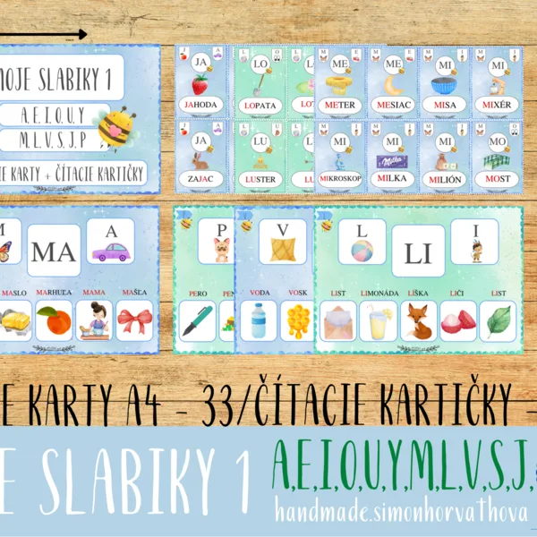 Moje Slabiky 1, Čítacie Karty, Veľké Písmo, A,E,I,O,U,Y,M,L,V,S,J,V. Slabiky, čítanie, písanie, písmená, Kartičky