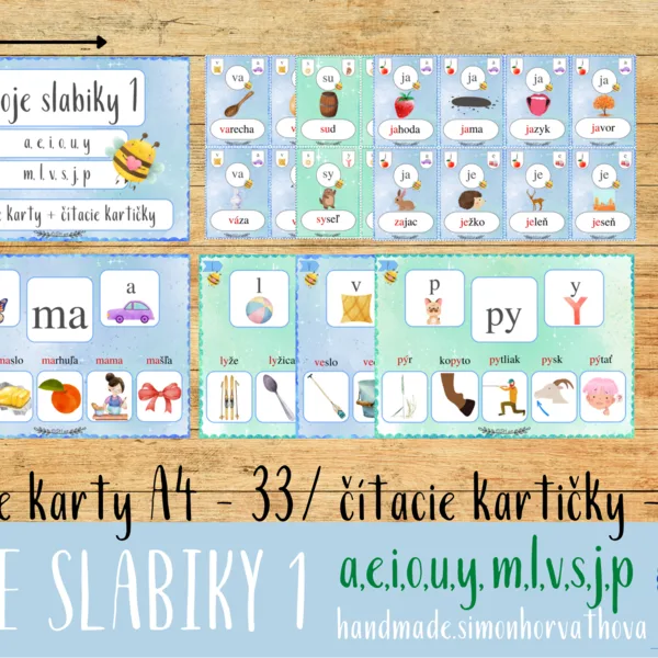 MOJE SLABIKY 1 - Čítacie Karty, Malé Písmo - a,e,i,o,u,y,m,l,v,s,j,p. Slabiky, čítanie, písanie, písmená, Kartičky
