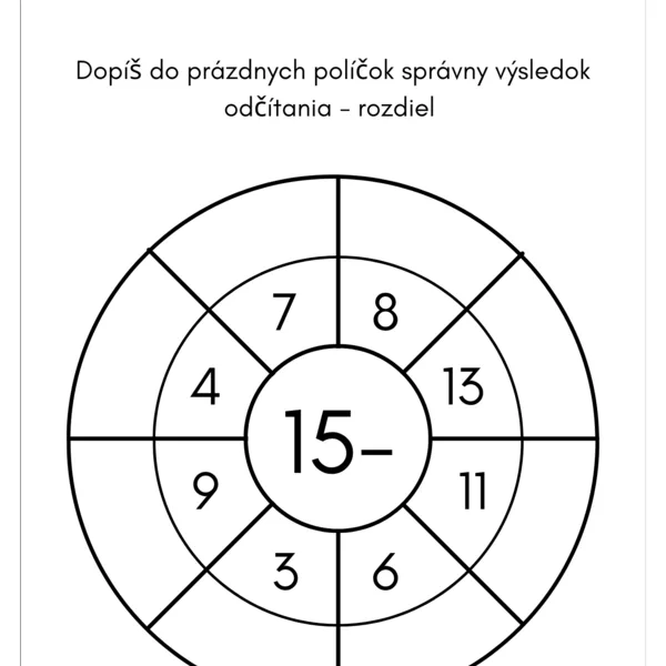 Matematika: Odčítanie do 20- matematické kolesá (súbor šiestich pracovných listov)