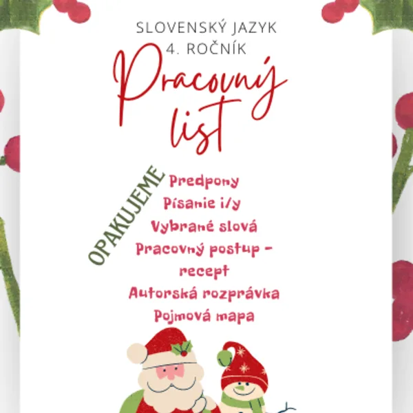Opakujeme s vianočnou náladou (pracovný list pre 4. ročník)