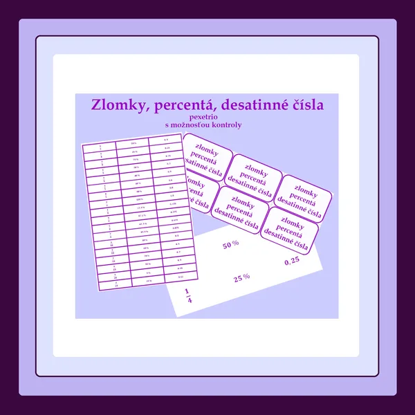 Zlomky, percentá, desatinné čísla - pexetrio s kontrolou 								 								
