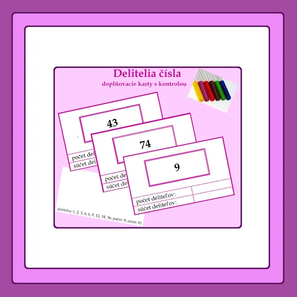Delitelia čísla - doplňovacie karty s kontrolou	