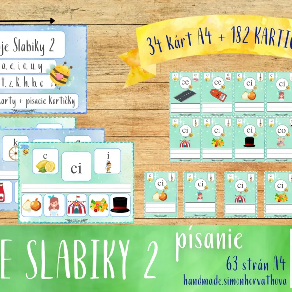MOJE SLABIKY 2 - Písacie Karty - a,e,i,o,u,y, t,z,k,h,b,c. Slabiky, čítanie, písanie, písmená, Kartičky