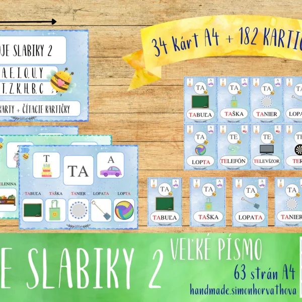 MOJE SLABIKY 2 - Čítacie Karty, VEĽKÉ PÍSMO - a,e,i,o,u,y, t,z,k,h,b,c. Slabiky, čítanie, písanie, písmená, Kartičky