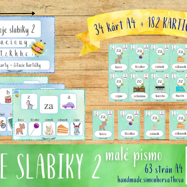 MOJE SLABIKY 2 - Čítacie Karty, Malé Písmo - a,e,i,o,u,y, t,z,k,h,b,c. Slabiky, čítanie, písanie, písmená, Kartičky