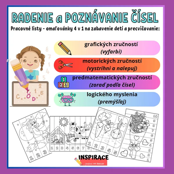 Radenie a poznávanie čísel. Pracovné listy - omaľovánky 4 v 1 
