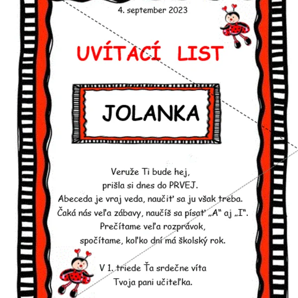 Uvítací list pre prvákov LIENKA