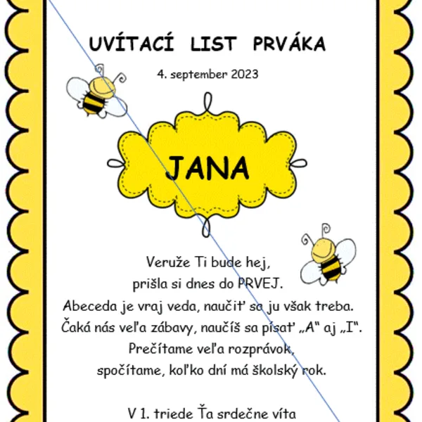 Uvítací list VČIELKA