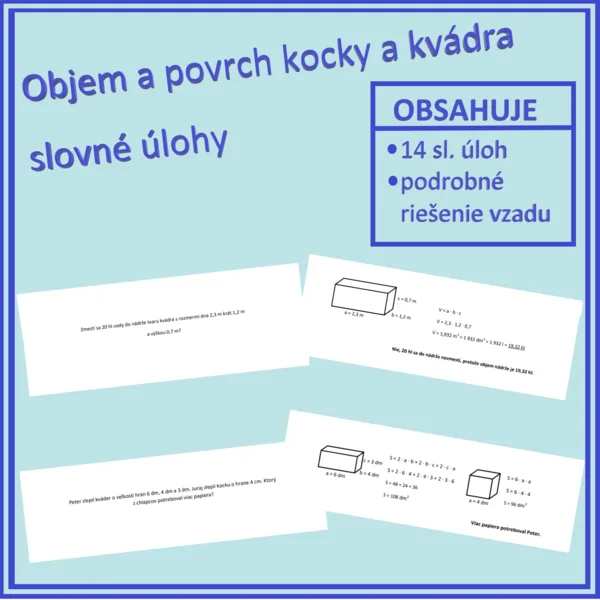 Objem a povrch kocky a kvádra - slovné úlohy