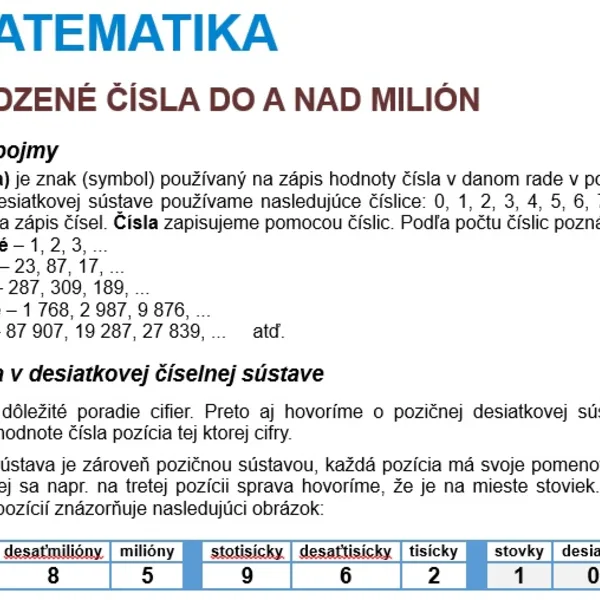 Zhrnutie - Veľké čísla, zaokrúhľovanie, počtové operácie, rímske čísla...