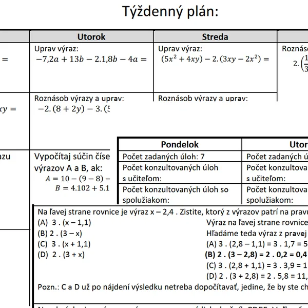 Týždenný plán pre žiakov 9. ročníka - príprava na testovanie T9 a prijímacie skúšky - 2. týždeň