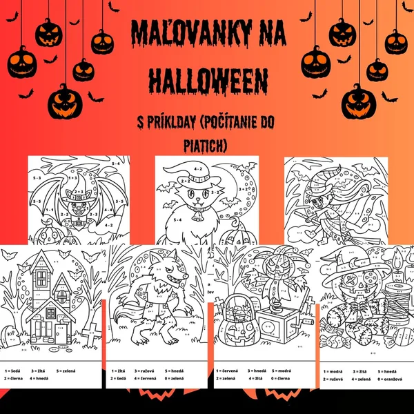 Maľovanky na Halloween s príkladmi (počítanie do piatich)