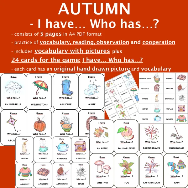 JESEŇ / AUTUMN - Vocabulary + Game I HAVE... WHO HAS...? COLOURED