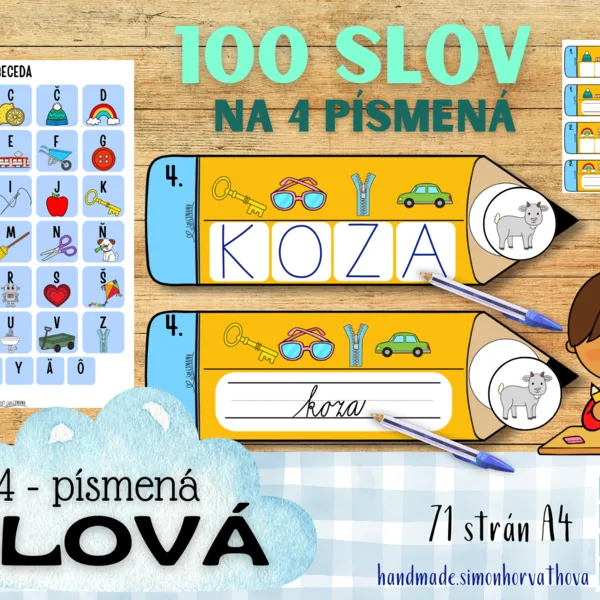 Slová na 4 písmená, Slová, Abeceda, Aktivity s abecedou, Čítanie, Písanie