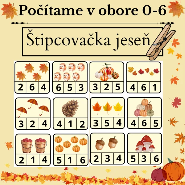 Jeseň štipcovačka - počítame v obore 0-6