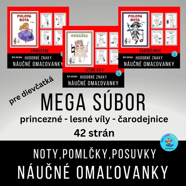 Noty, pomlčky, posuvky - náučné omaľovanky - čarodejnice, lesné víly a princezné