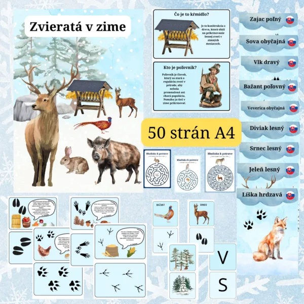 Zvieratá v zime (demonštračné obrázky, potrava v zime, stopy, polovnik +krmidlo, začiatočná hláska, beebot - komunikačné karty, bludisko...)