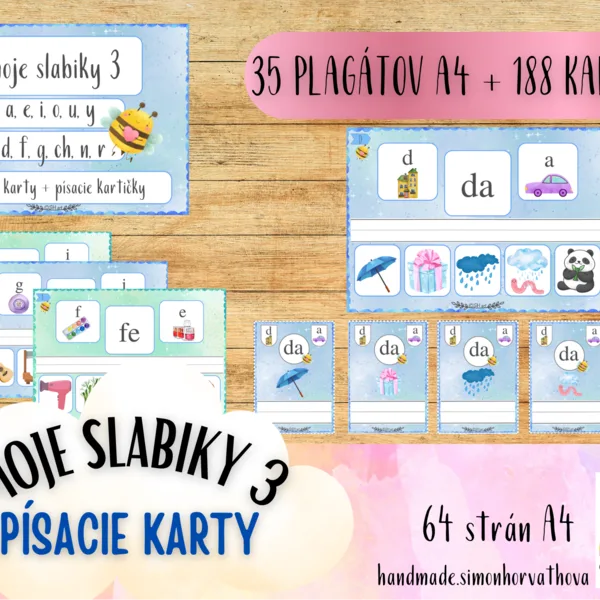 MOJE SLABIKY 3 - Čítacie Karty, písacie karty - a,e,i,o,u,y,d,f,g,ch,n,r. Slabiky, čítanie, písanie, písmená, Kartičky