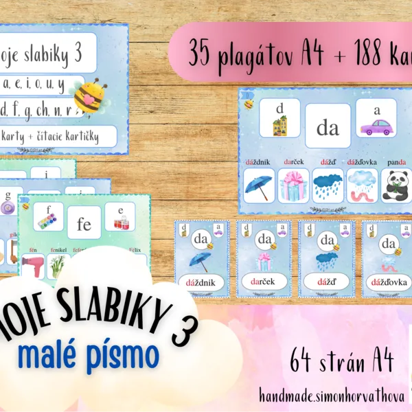 MOJE SLABIKY 3 - Čítacie Karty, Malé Písmo - a,e,i,o,u,y,d,f,g,ch,n,r. Slabiky, čítanie, písanie, písmená, Kartičky