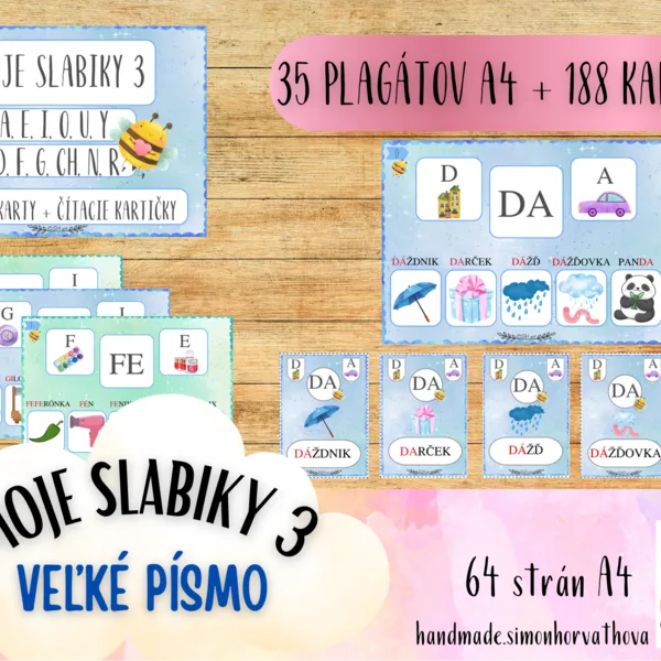 MOJE SLABIKY 3 - Čítacie Karty, VEĽKÉ PÍSMO - a,e,i,o,u,y,d,f,g,ch,n,r. Slabiky, čítanie, písanie, písmená, Kartičky