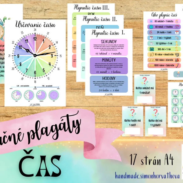 Čas, náučné plagáty, hodiny, koľko je hodín, dni v týždni, mesiace v roku,